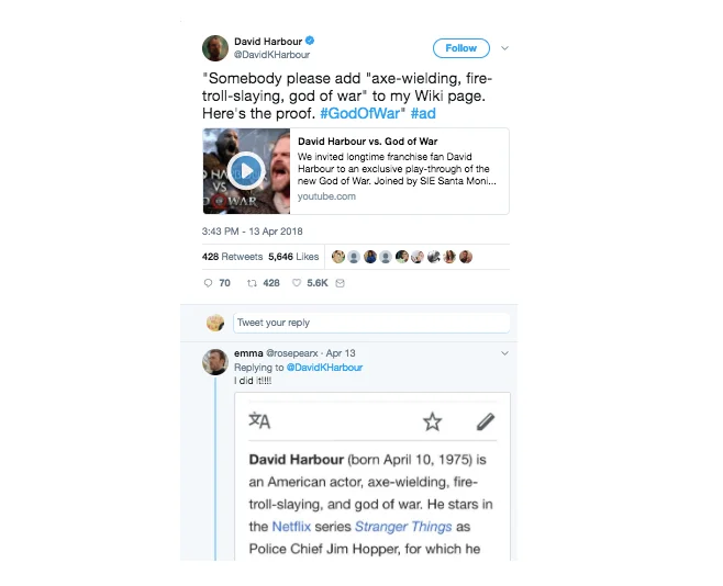 Tweet for David Harbour Vs. God of War for GameSpot