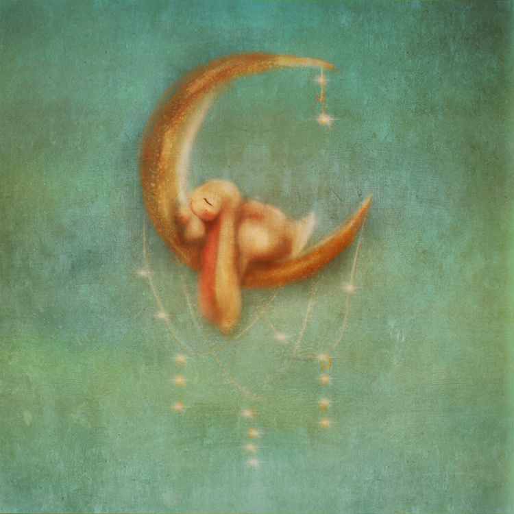Illustration of Baby Bunny Sleeping On The Moon
