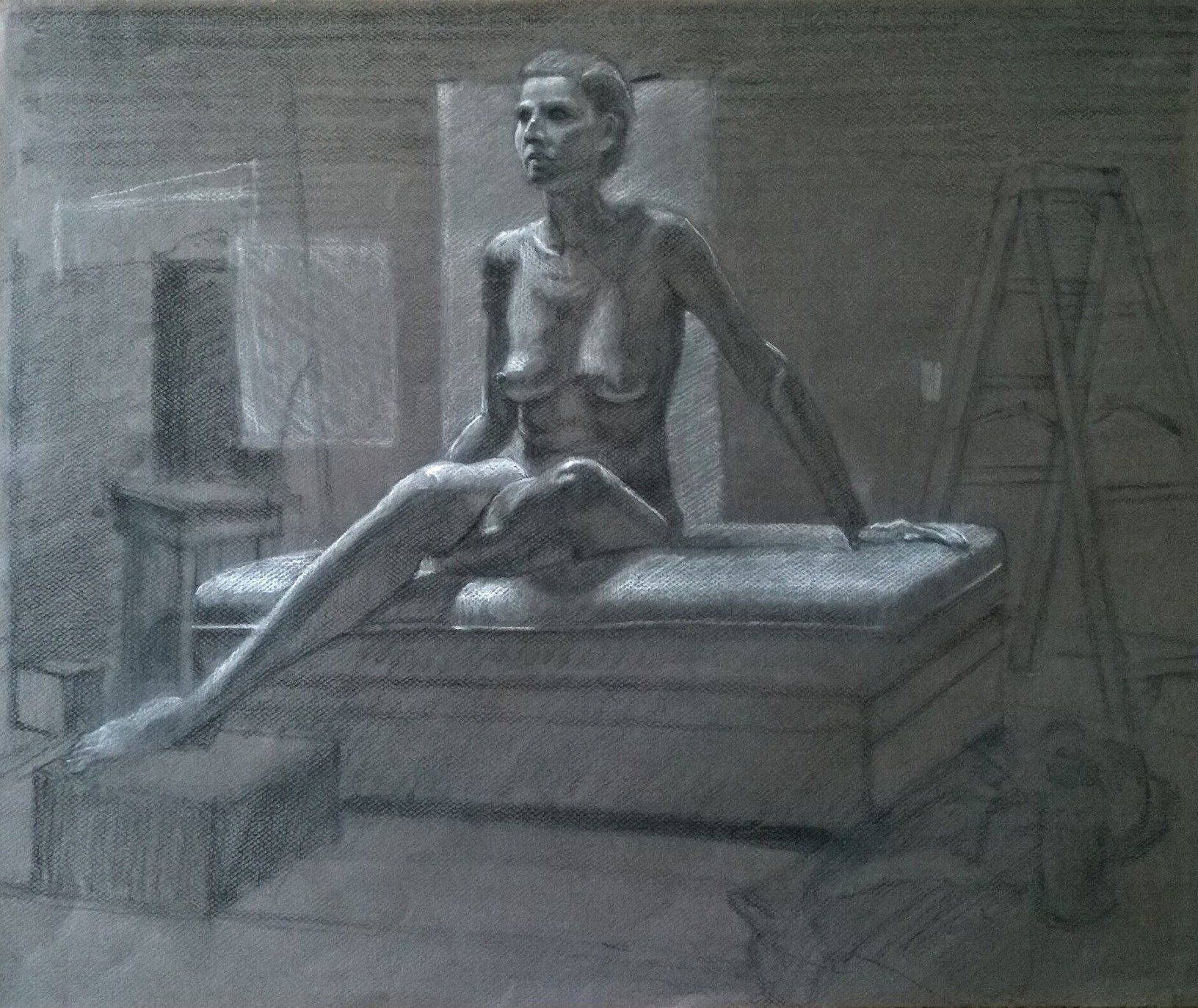  Figure Study, black &amp; white charcoal on grey toned paper 18" x 24" 