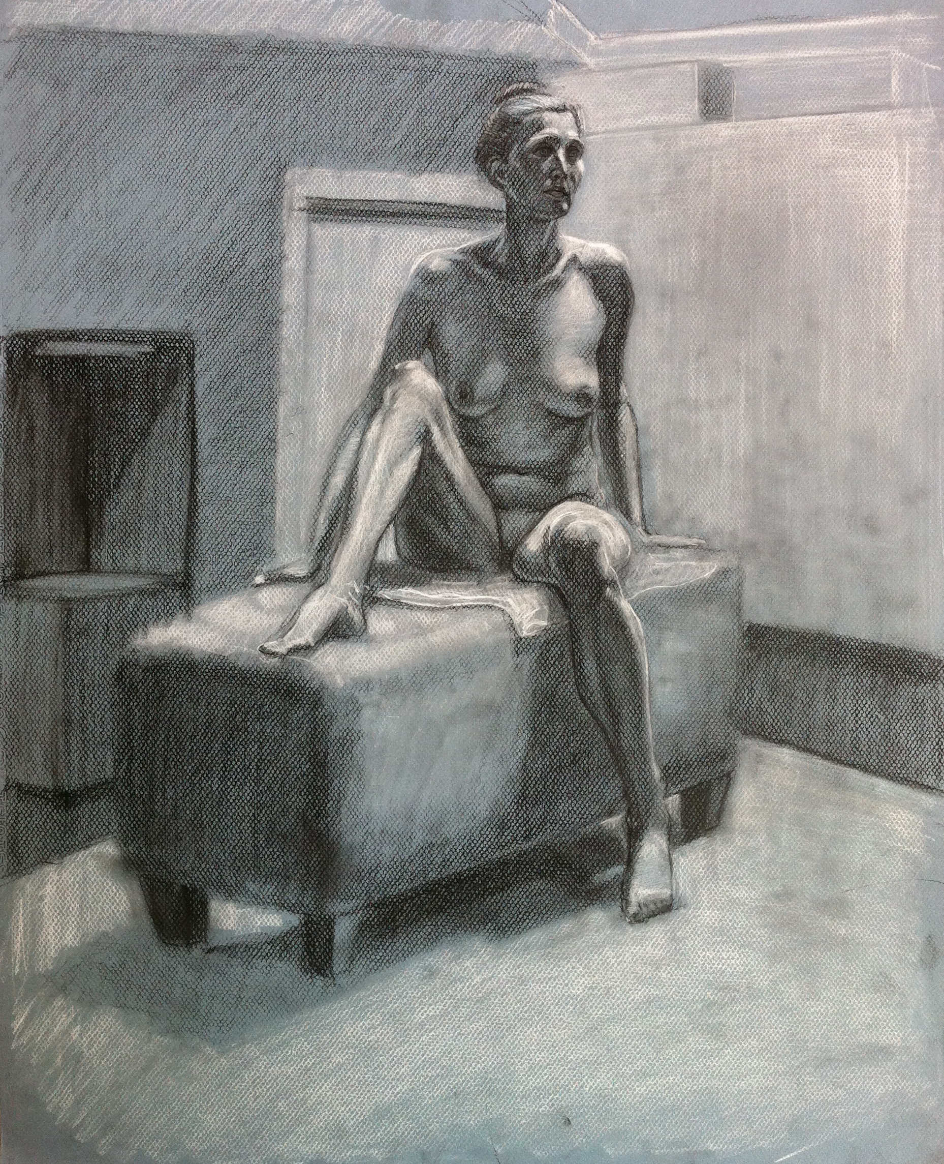  Figure Study, black &amp; white charcoal on blue toned paper 18" x 24" 