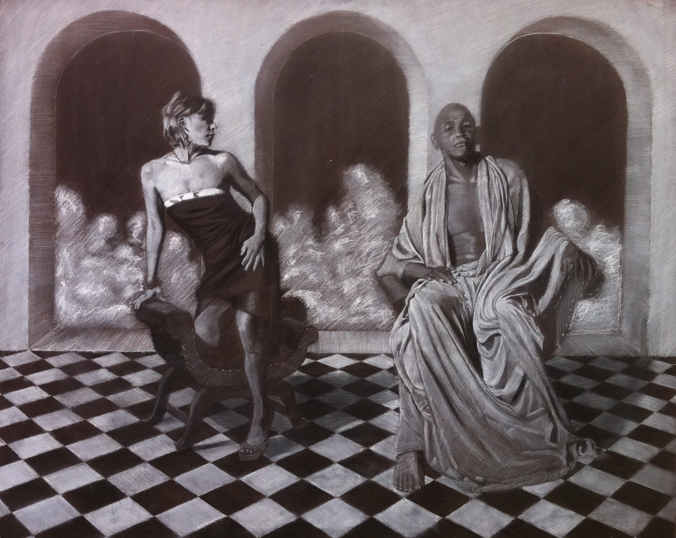  Figures in Perspective, black, brown &amp; white charcoal on board 3' x 4' 