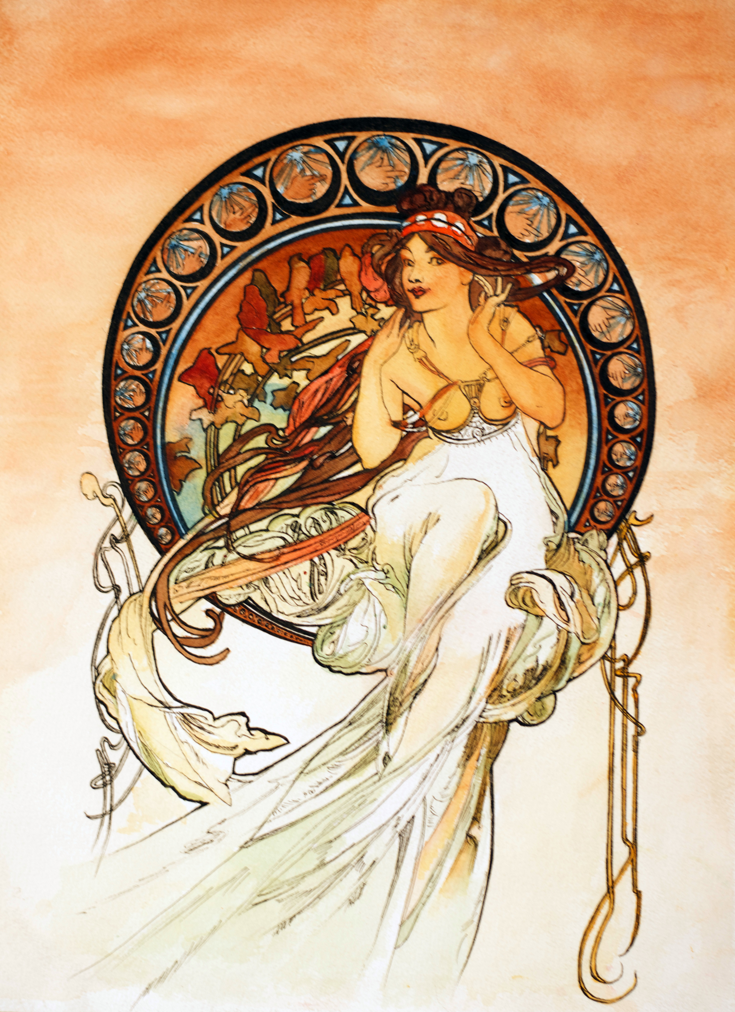  Summer, Mucha Master Copy, water color &amp; ink 16" x 12 1/8" 