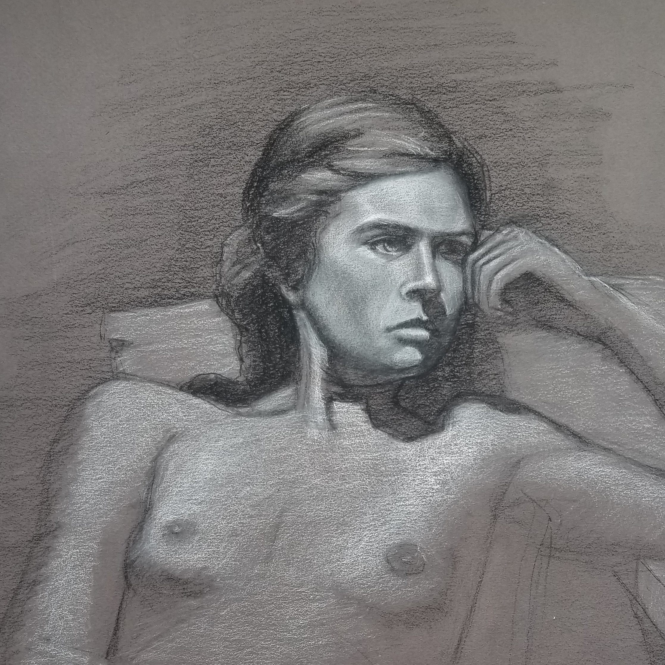  Model, charcoal and white charcoal on toned paper 18” x 20” 