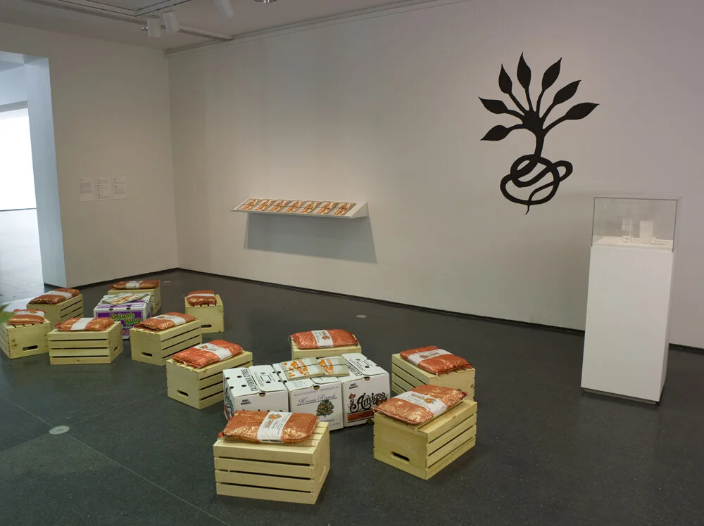  Self Contained  2010  Installation at the MCA Chicago  Self Contained was an exhibition that occurred on ground floor of the Museum of Contemporary Art, Chicago. An Orangerie was all at once taken apart and created. Orangeries are ornamental citrus gardens which hold a similar history to that of Museums, in that they were designed for the wealthy to display and maintain their acquisitions. The most notable Orangerie, at Versailles was once seized by Communists and turned into a munitions shelter; The Museum of Contemporary Art Chicago, was once a munitions shelter for the national guard.    