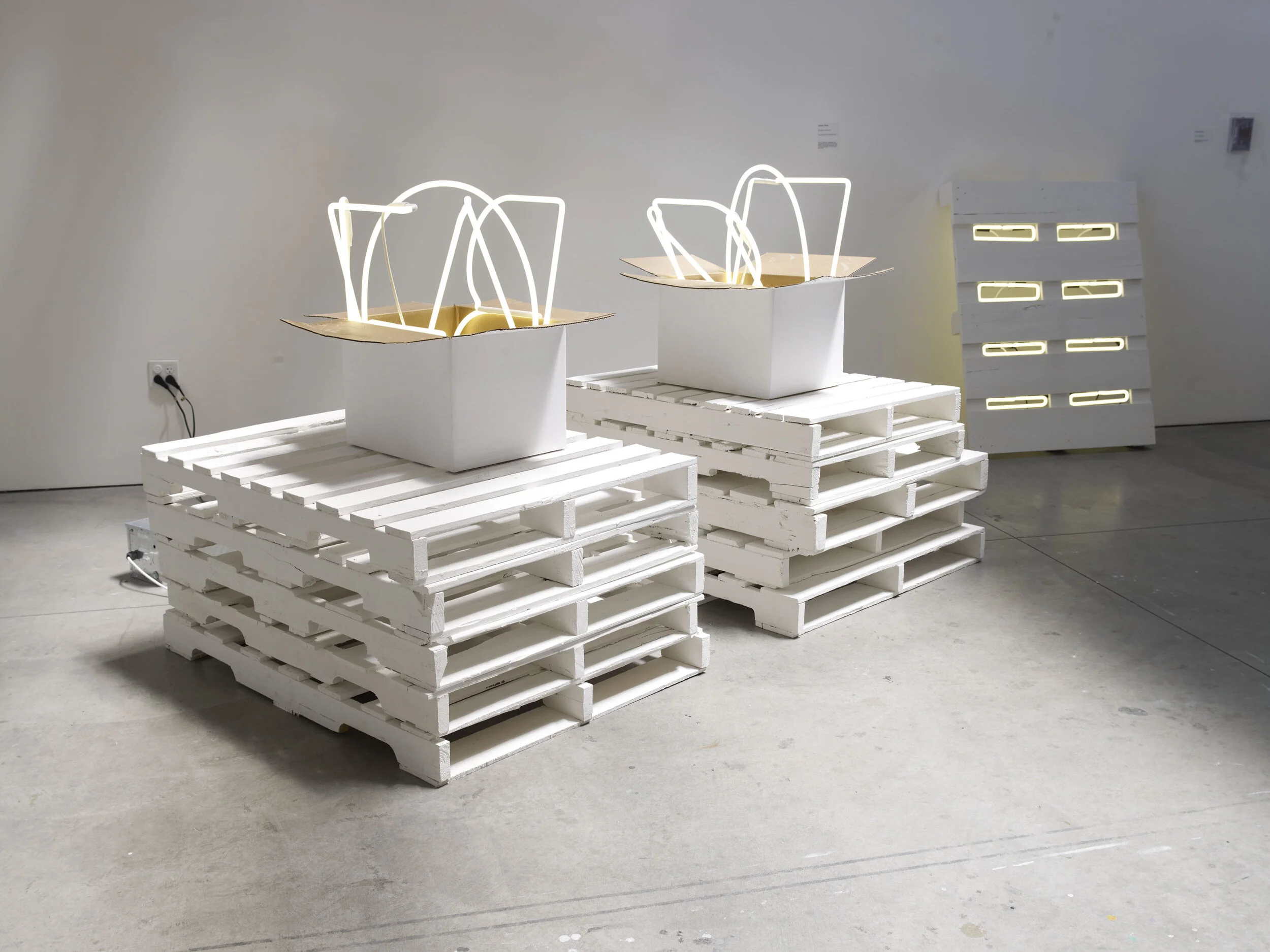  BE OBLIVION, in disconnect  2011  Warm White Neon, Pallets, Paint, Cardboard boxes  Dimensions Variable  BE OBLIVION was constructed with warm white neon letters which were then placed into boxes and onto white washed shipping pallets. This work were sold with an agreement that the collector would have to decide whether to leave the artist’s intervention, or to install it onto a wall, at which point they could not place it back into its original form. 