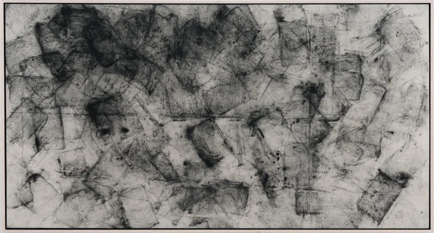  Untitled, Hits with Bibles  Carbon, Bibles and Silk over Panel  2013  While I was producing the Hits with Bricks works, Occupy protesters in San Francisco (where I was working) had an altercation with Police where they threw bricks from windows of an abandoned hotel, and also bibles that had been left behind. I then gathered discarded bibles and burnished them in the same carbon, producing sister works, Hits with Bibles. The objects become emptied out of their meaning, producing a new context, subject and form.  