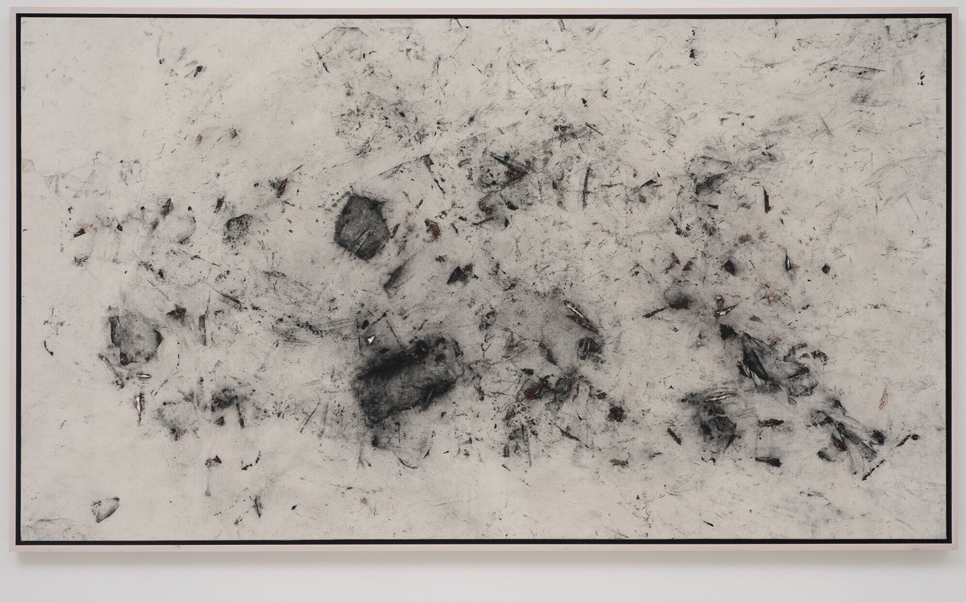  Untitled, Hits with Bibles  Carbon, Bibles and Silk over Panel  2013  Hits with Bricks, and Hits with Bibles were made simultaneously. I burnished bricks with industrial carbon/smog and threw them into raw silk to form the composition. The brick became a metaphor for when language is no longer useful during political discourse such as an overthrow or riot (this was during Arab Spring).  