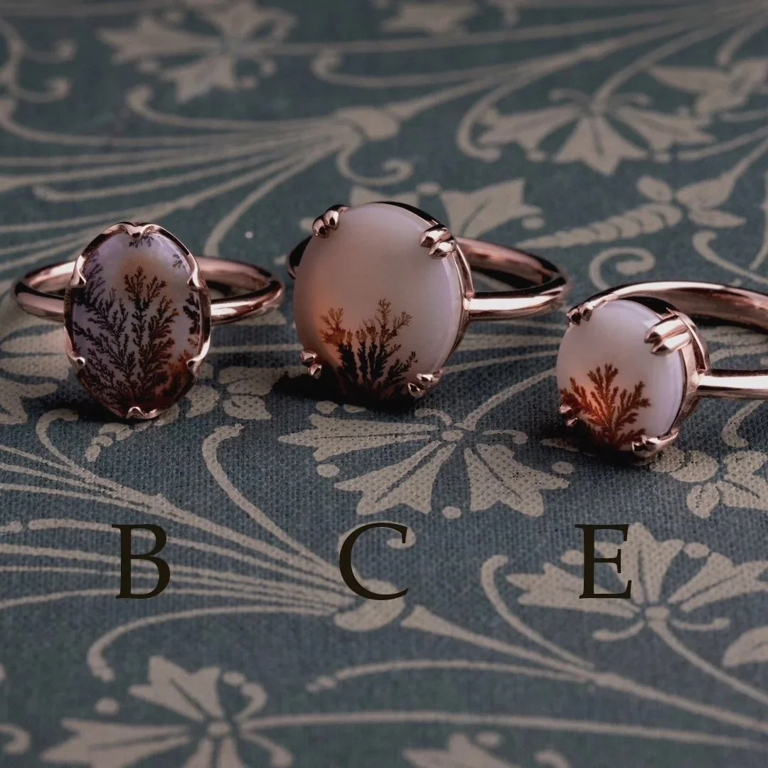Dendritic agate rings in rose gold, custom made in sydney australia