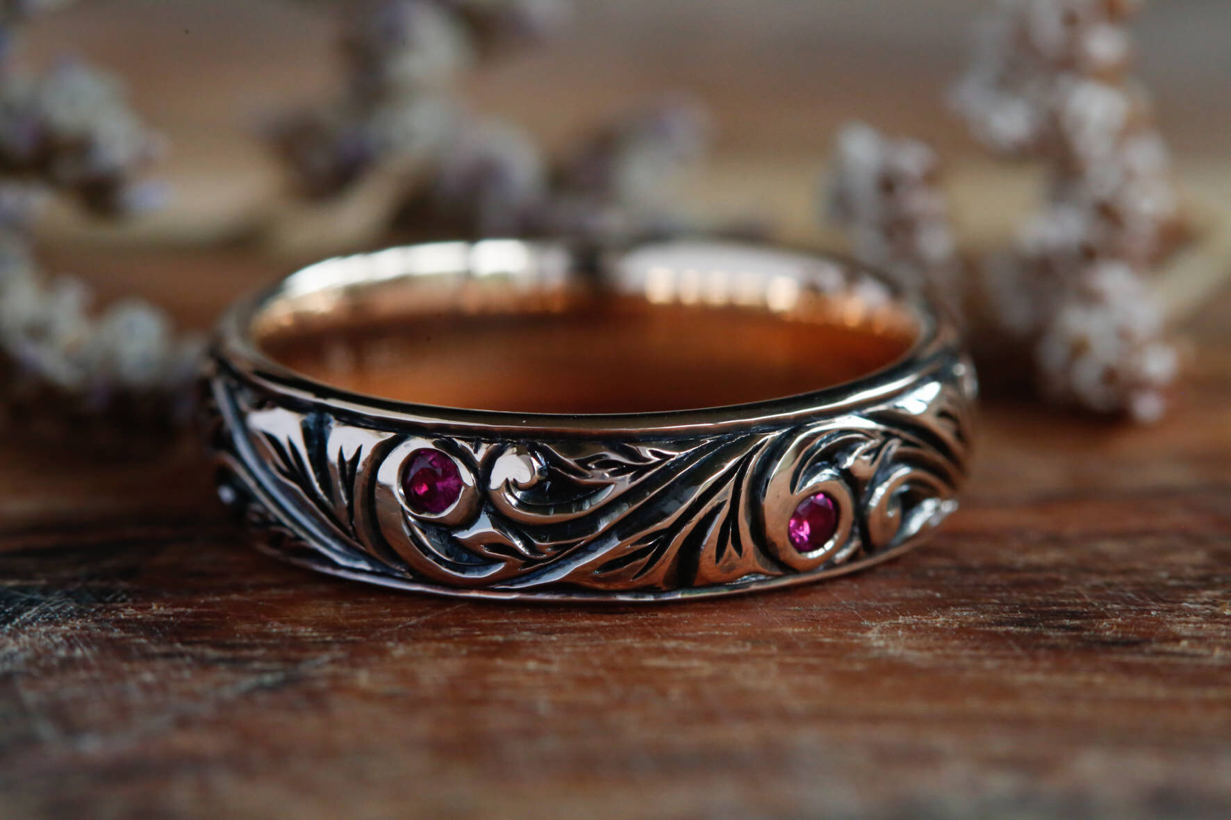 ruby set rose gold scroll band, engagement and wedding ring, hand engraved in sydney, australia