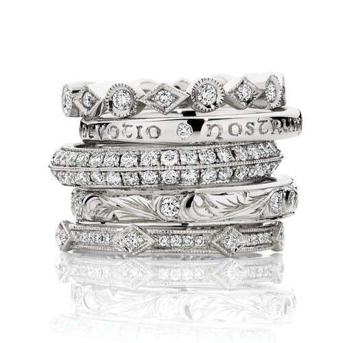 Assorted stack of White Gold/Engraved Diamond Bands
