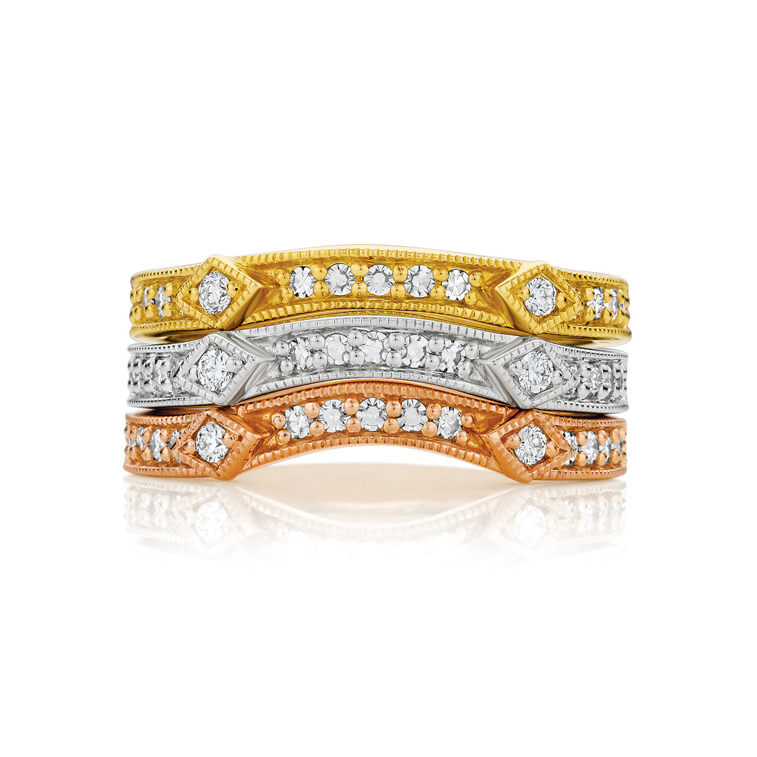 Belle Epoque Bands in Yellow, White and Rose Gold