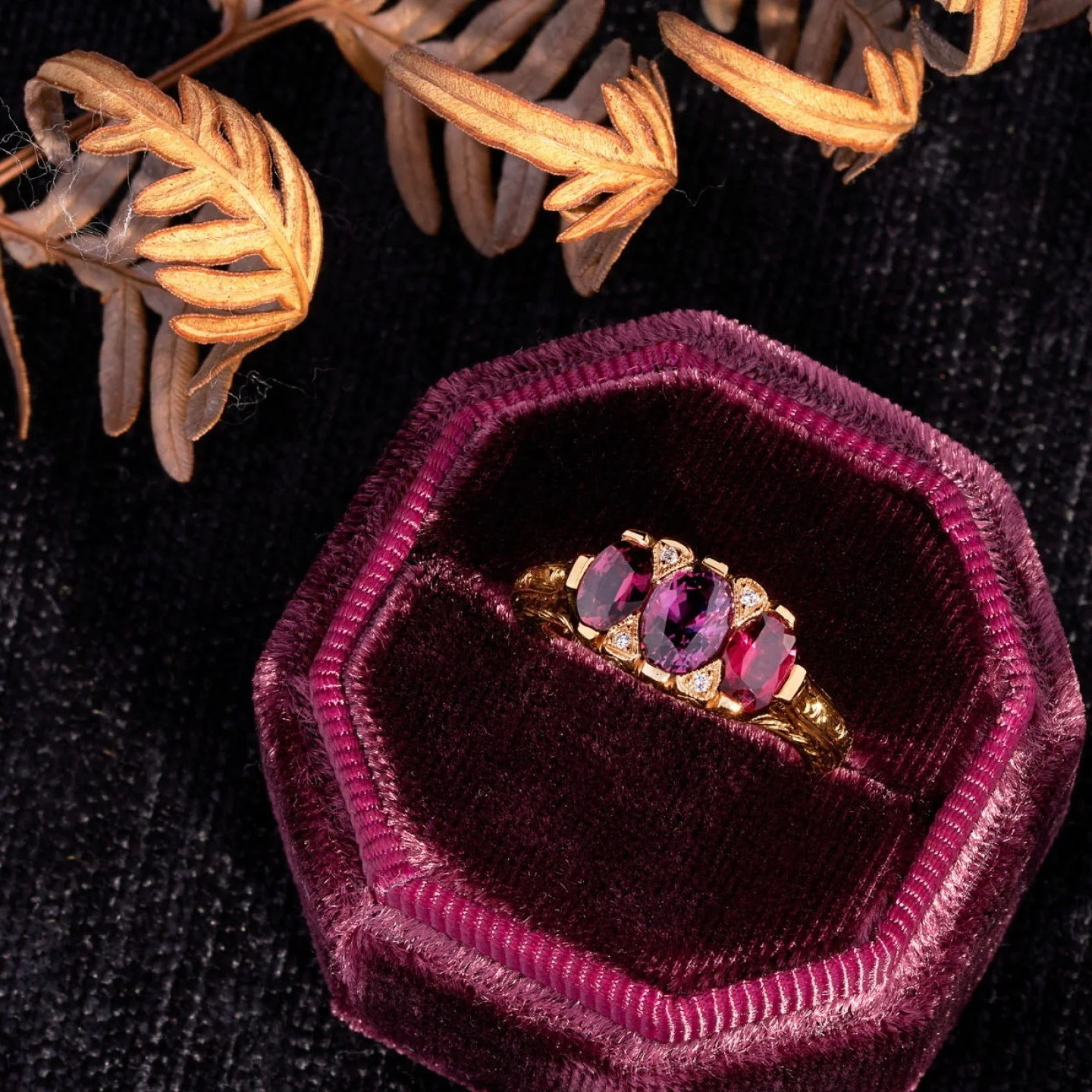 Rose gold and red gems are my favourite . The shifting purple and red tones in these gems are hard to capture in a photo. They sing on the hand. Visit our conveniently central CBD studio , opposite the MLC centre at Martin Place to view in person.

*