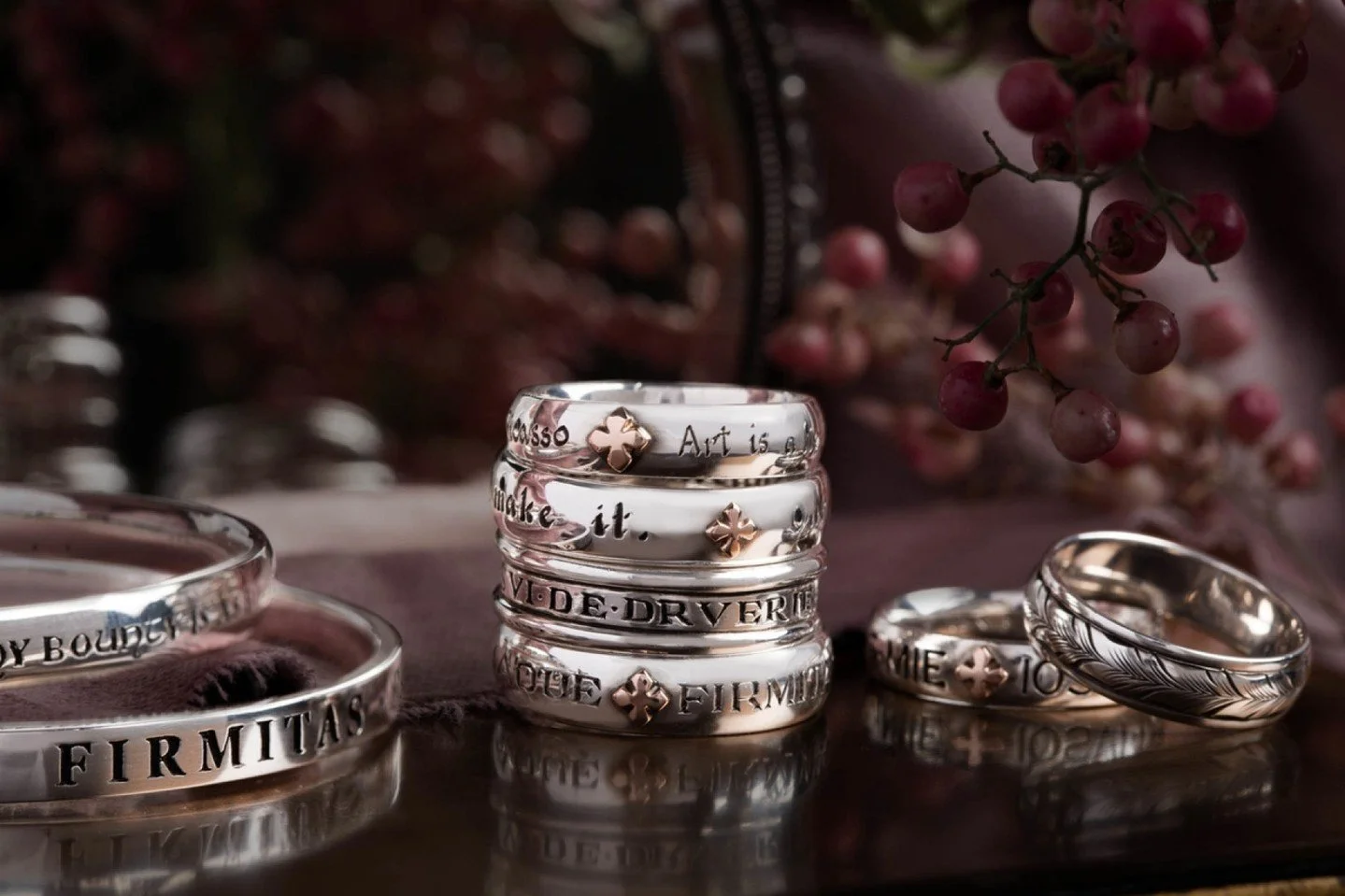 Perfect for gifting , all silver rings and bangles remaining in stock are on sale . Bands with inscriptions ( no gold accents) from $59 , bangles from $250. Instore only ( too many variables with size/width/inscriptions for us to list online ).