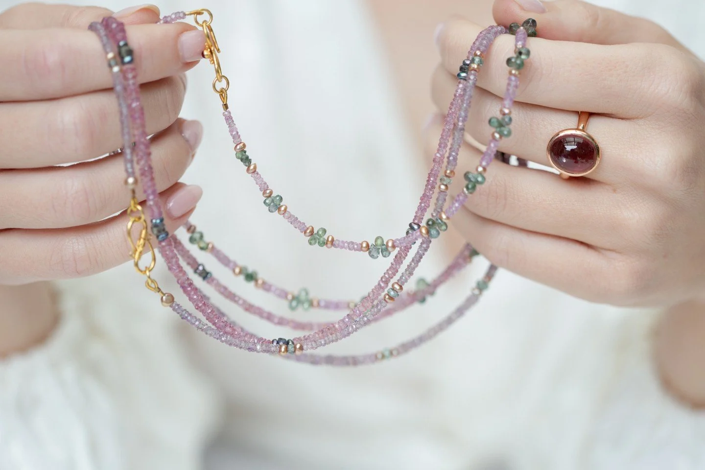 Gemstone and pearl strands, too many to list . 
From $300 instore , mostly not photographed, so dm or ideally visit for choices . Yellow , mossy green , and  orange  sapphire strands with 18k clasp $380 ( not shown here ). Blue Kyanite strand $180. P