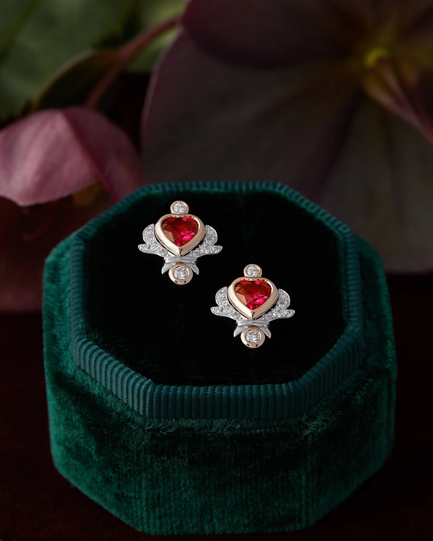 Ruby and Diamond Heart Stud Earrings