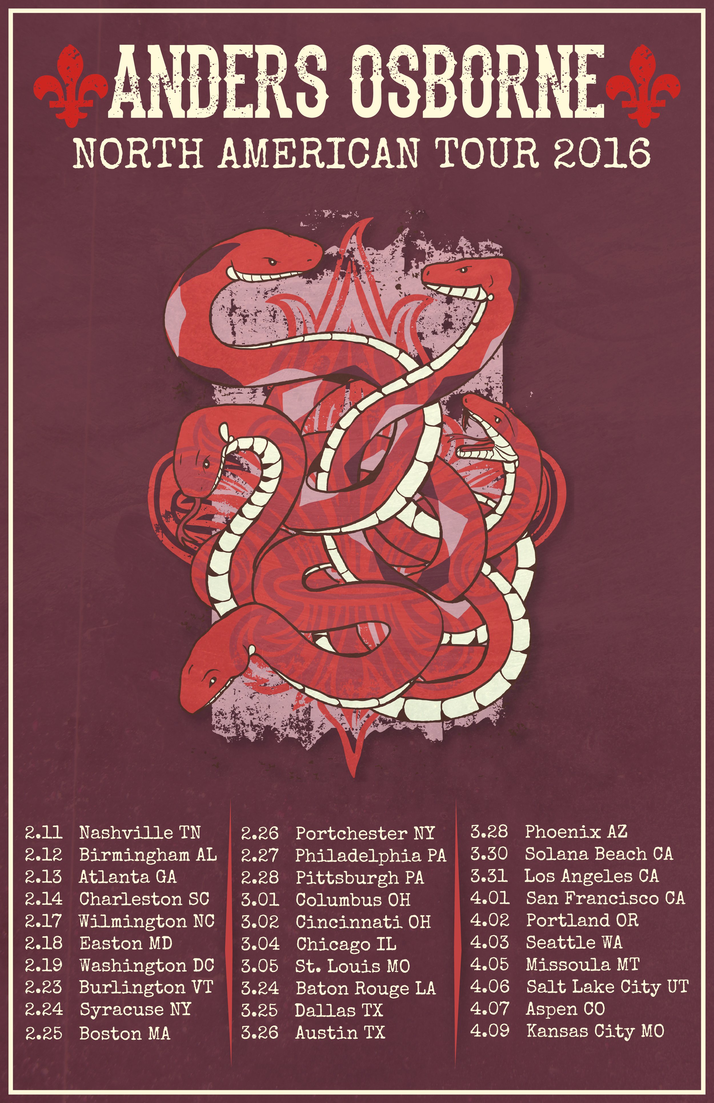 Anders Osborne North American Tour 2016! Anders and company will be hitting the road starting this February and trekking across the US until the middle of April. Special fan club VIP tickets are available now and include a soundcheck meet and greet, a signed silk screen limited edition poster, and an exclusive tour laminate. See below for links and use the password "ANDERS". GET FAN CLUB TIX HERE See you on the road! -TeamAO
