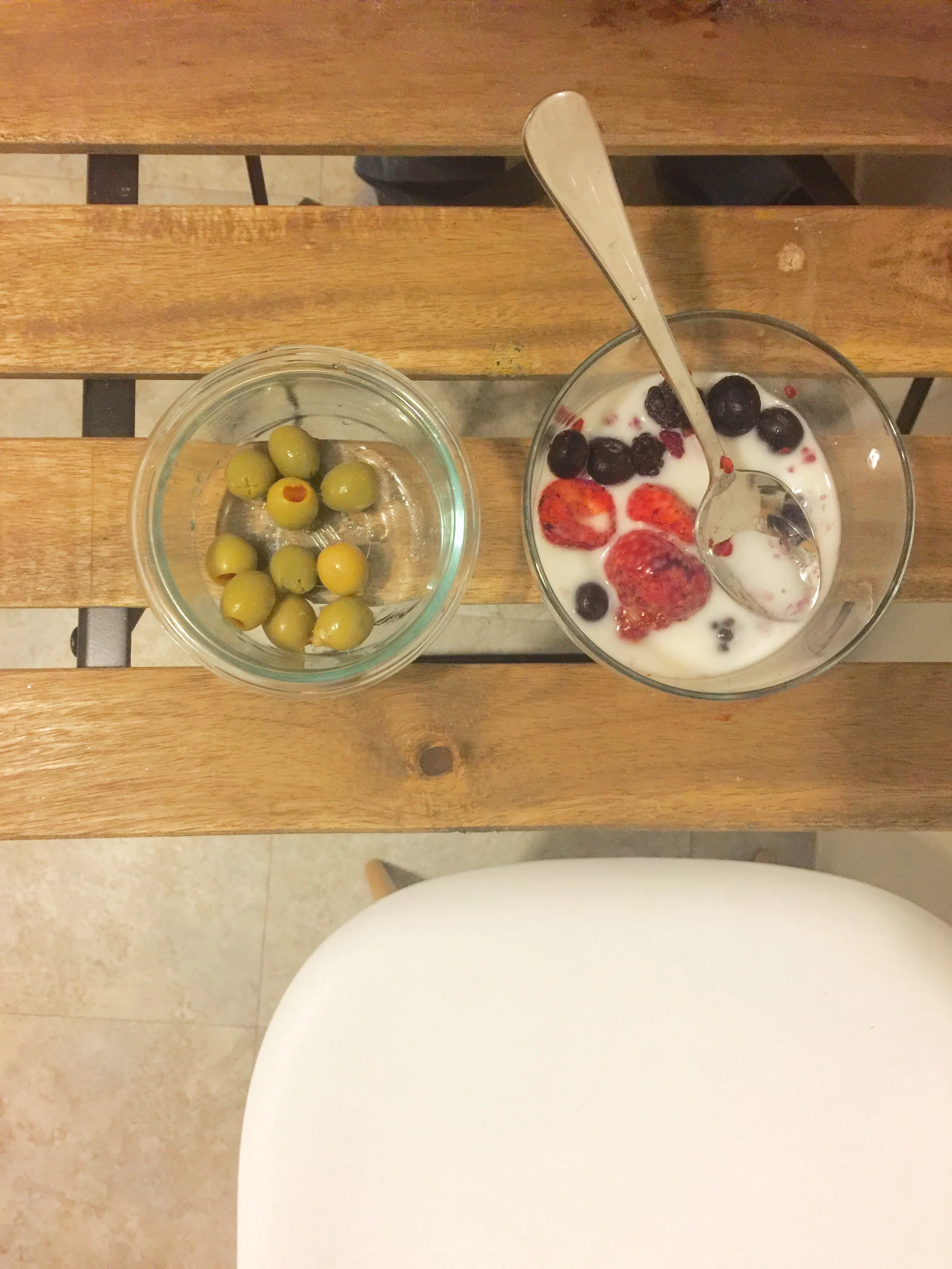 Berries with almond milk and olives - not my proudest meal 🙈