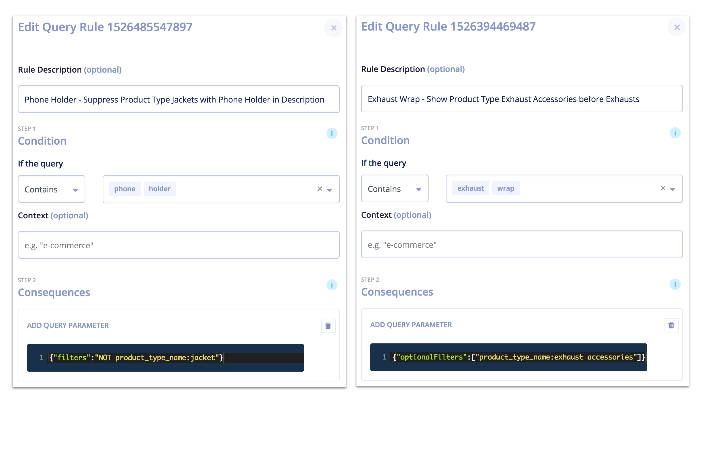Sample of query rules used to tune search logic and improve results.