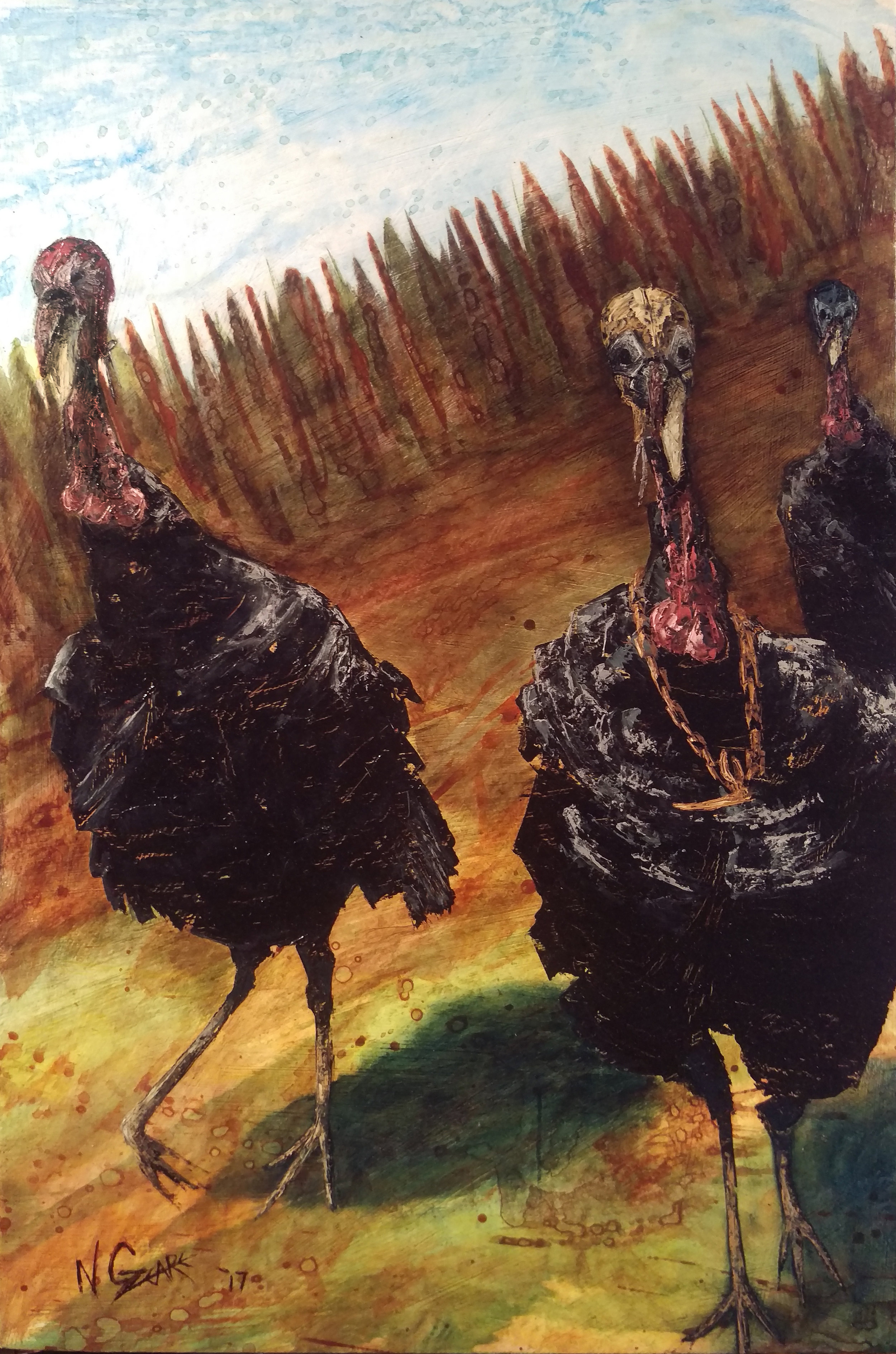 Tres Pavos, Oil and acrylic on wood 24" x 15 1/2