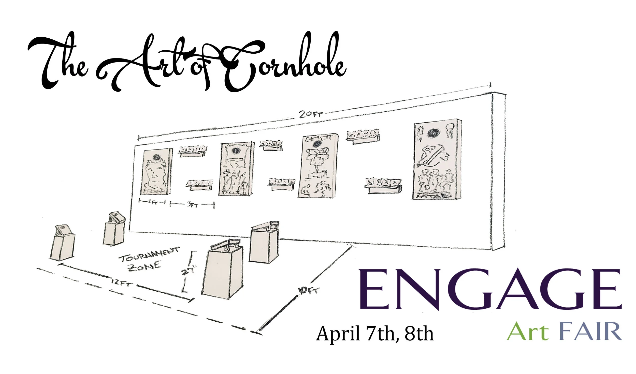 The Art of Cornhole is proud to present Mini Cornhole MADNESS (kinda like March Madness.) A cornhole tournament made of ENGAGE Art Fair friends and collectors, as part of a performative art element to the ENGAGE Art Fair in Calistoga at Napa County Fairgrounds! Teams of two will compete in a bracketed, single elimination cornhole Tourney (like MArch MAdness) on Miniature cornhole boards. Winning team gets their very own set of mini boards and bags! Sign ups start at noon. Tourney will likely start at 1pm. Teams can continue to sign up until the first bracket is finished.