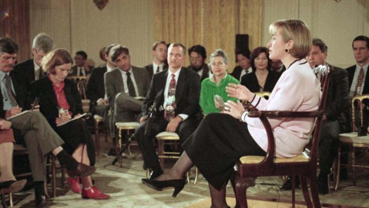 First Lady hillary clinton in the white house state dining room during the "pink' press conference, 1994