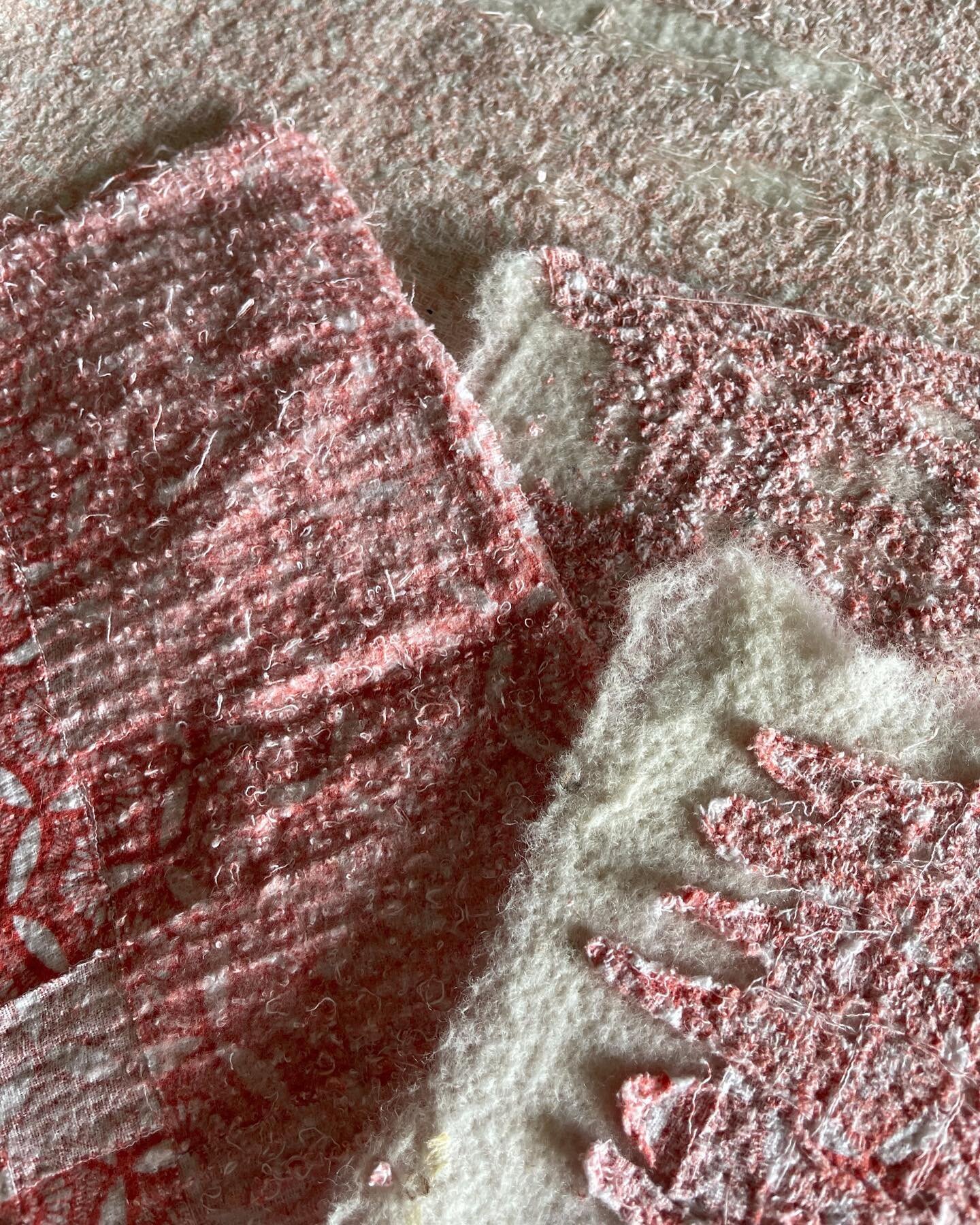 Exploring ways to revalue bedlinen through prototyping for my PhD - these samples are needle-felted flannelette and have a terry-towelling finish. #circulardesign #circulartextiles