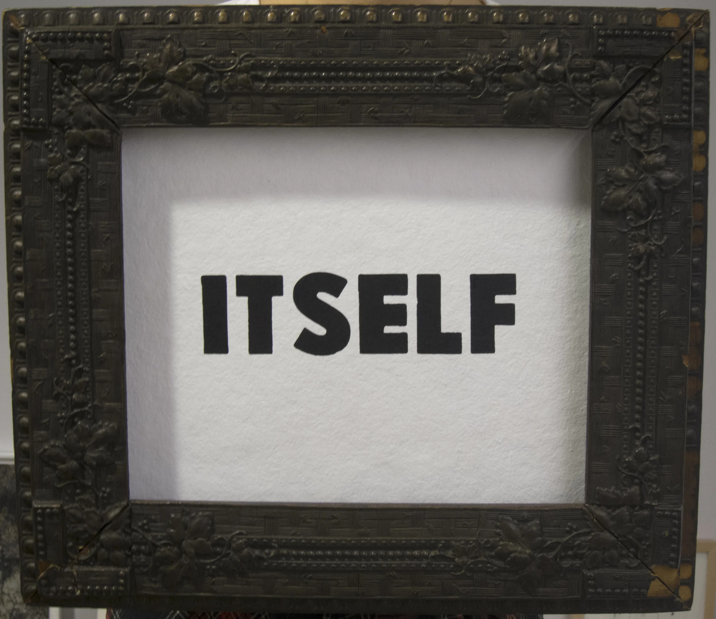 Morgan O'Hara ITSELF letter press on handmade paper, antique frame (wooden) 14" x 18" Feb. 4th, 2016