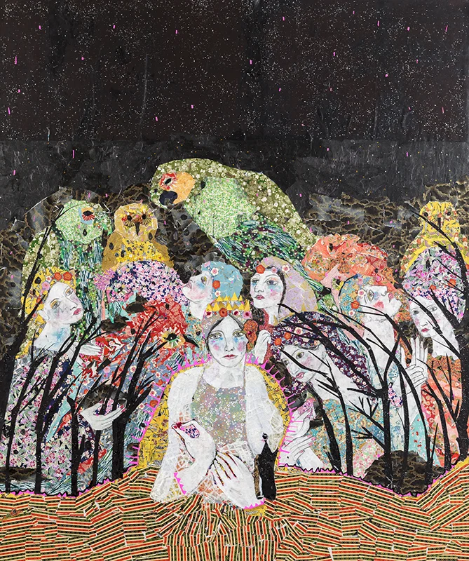 Maria Berrio The Marriage of Life & Death Mixed media on canvas 80" x 72" 2014