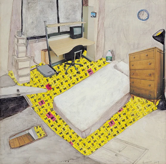 Heejung Cho American Dream of 71 sf sized room Acrylic paint, color pen and photo on canvas 30" x 30" 2007