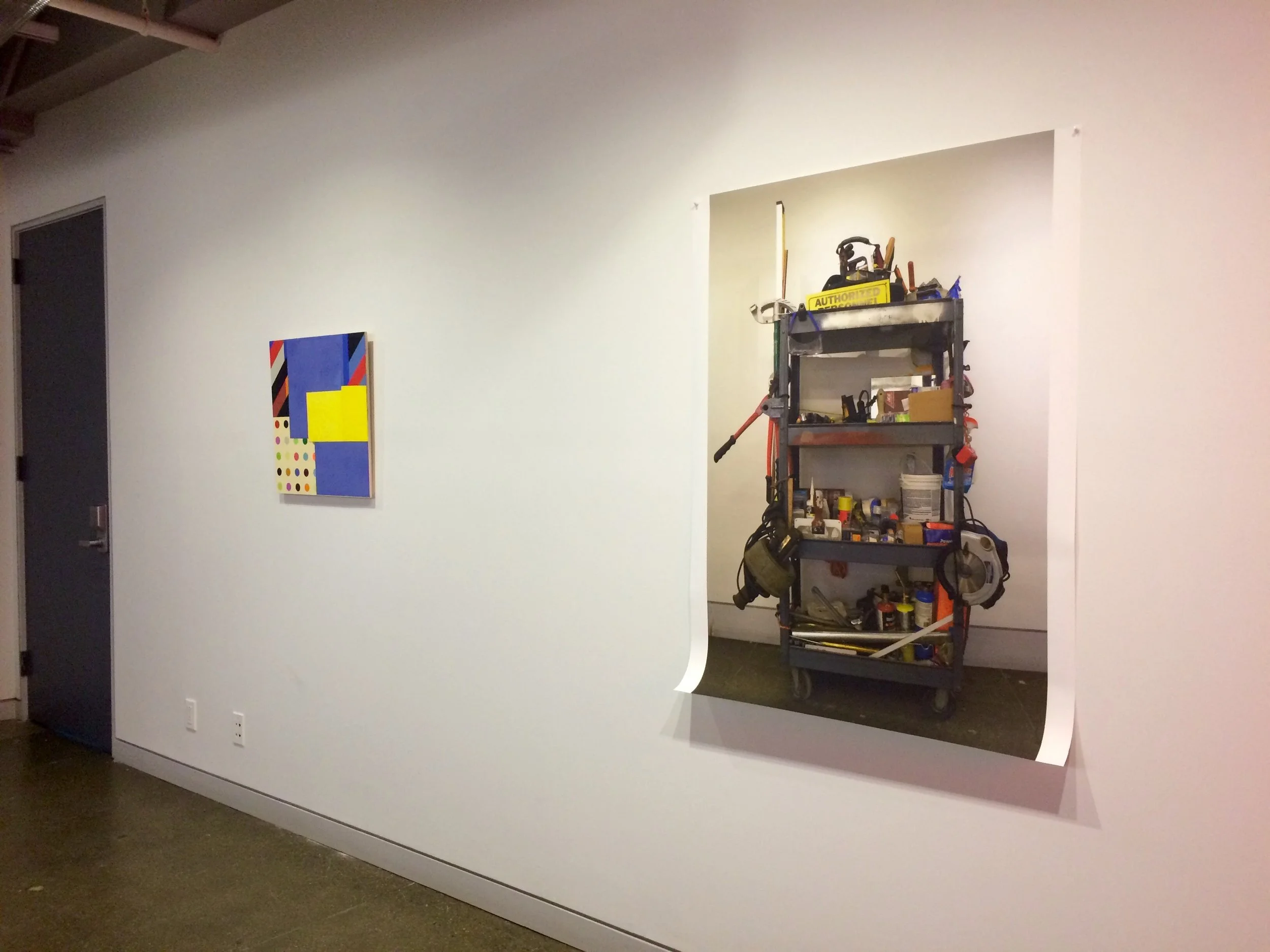 Jason Stewart (L) & Alex Credle (R) Jason Stewart Reconstruct #107 Fabric and Acrylic on Panel 2016 Alex Credle Time Waits for No One Digital Print 2017