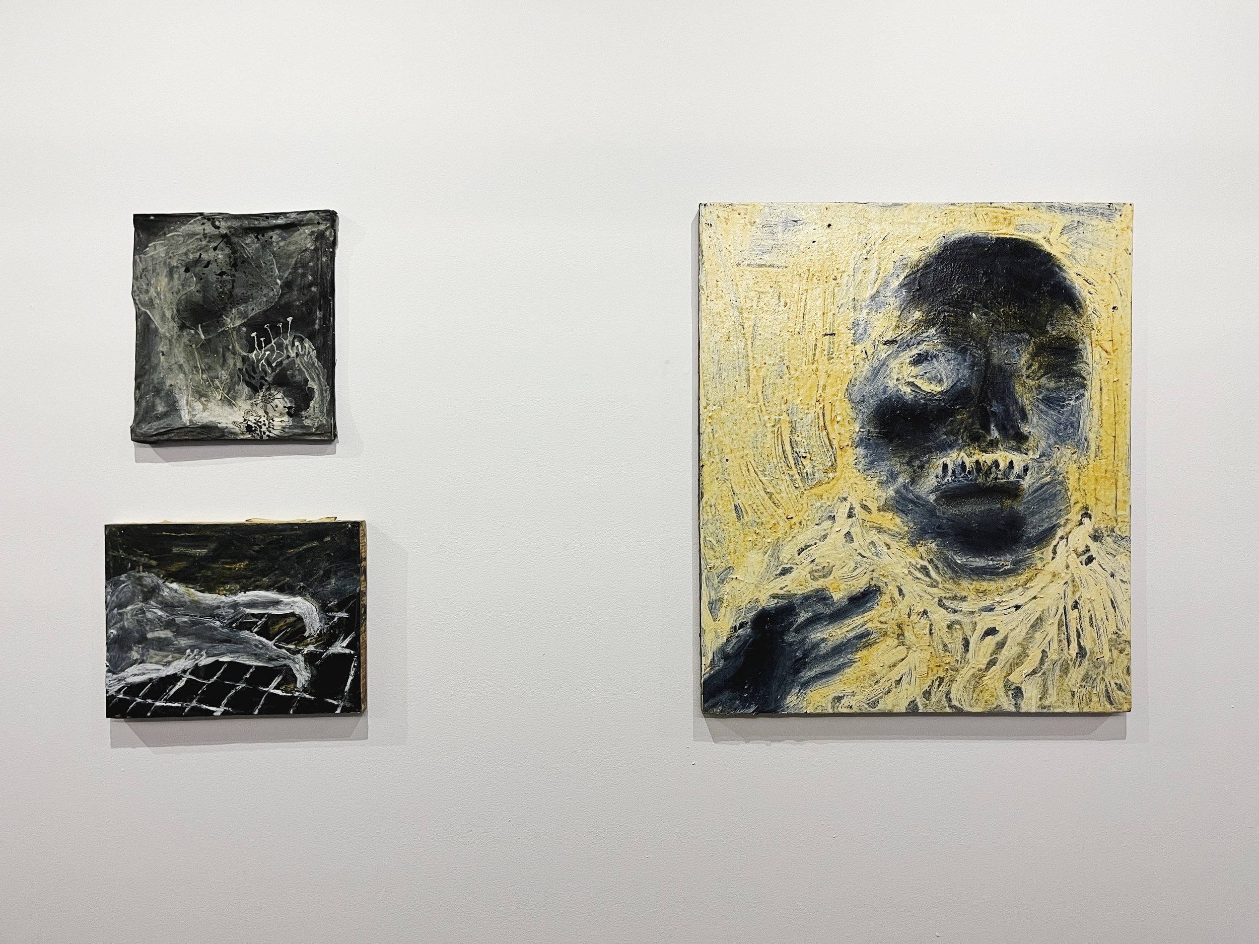   Kosuke Kawahara   Growing in the Dark II (left above)  2020 Oil color, acrylic, ink, beeswax, thread, animal glue, cotton 13 x 10 inches   Nobody Knows (left bottom)  2017 Oil color, acrylic, beeswax, paper, plywood 10 x 13 inches   Welcome to the 