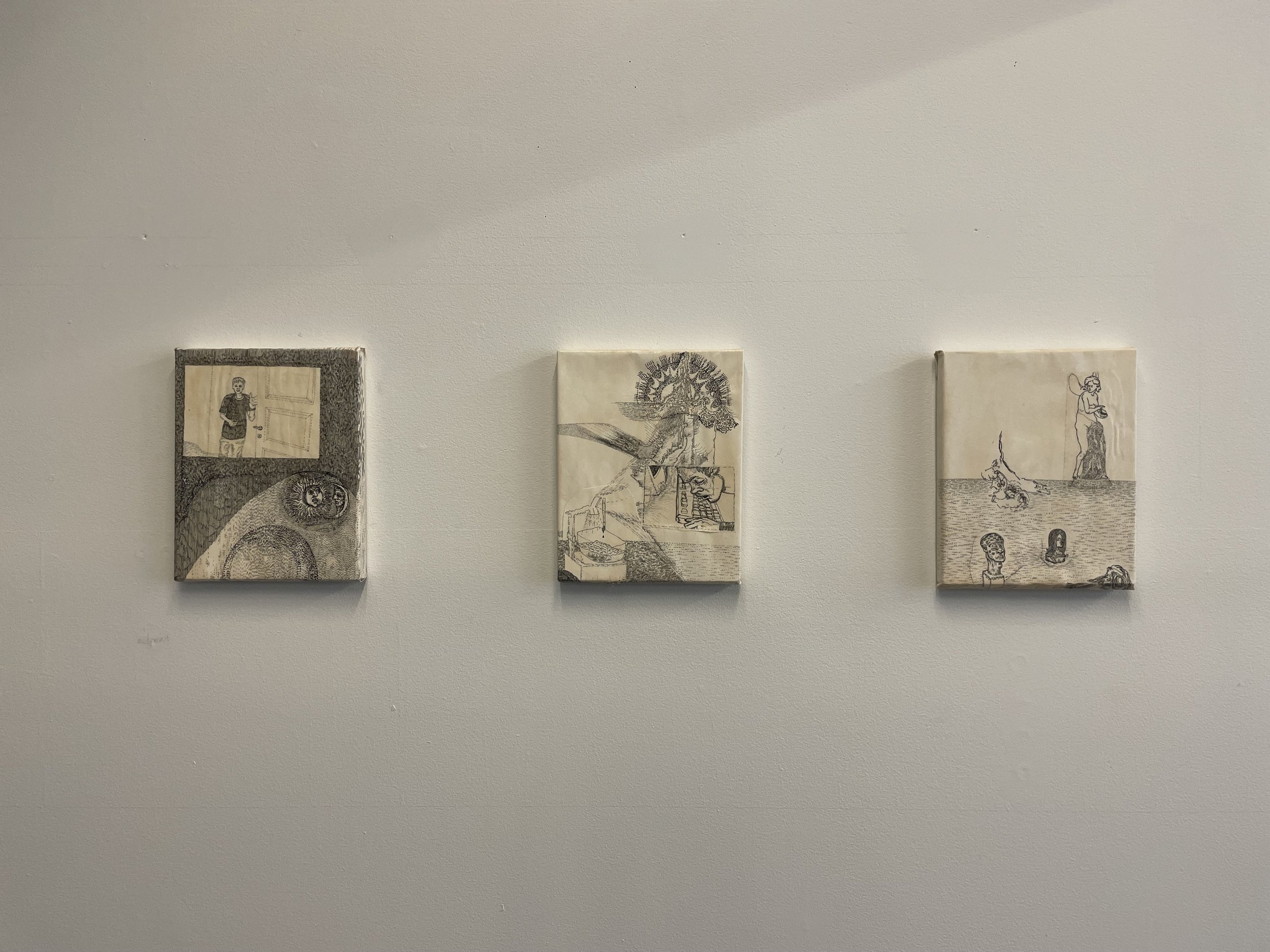   Stefan Bakmand   A bog of mother memories  (left) 2022 10x8 inches drawing and collage, paper, wood, wood glue   Cave complexes  (middle)   2022 10x8 inches drawing and collage paper, wood, wood glue	   Far far away, angelic display  (right)   2022