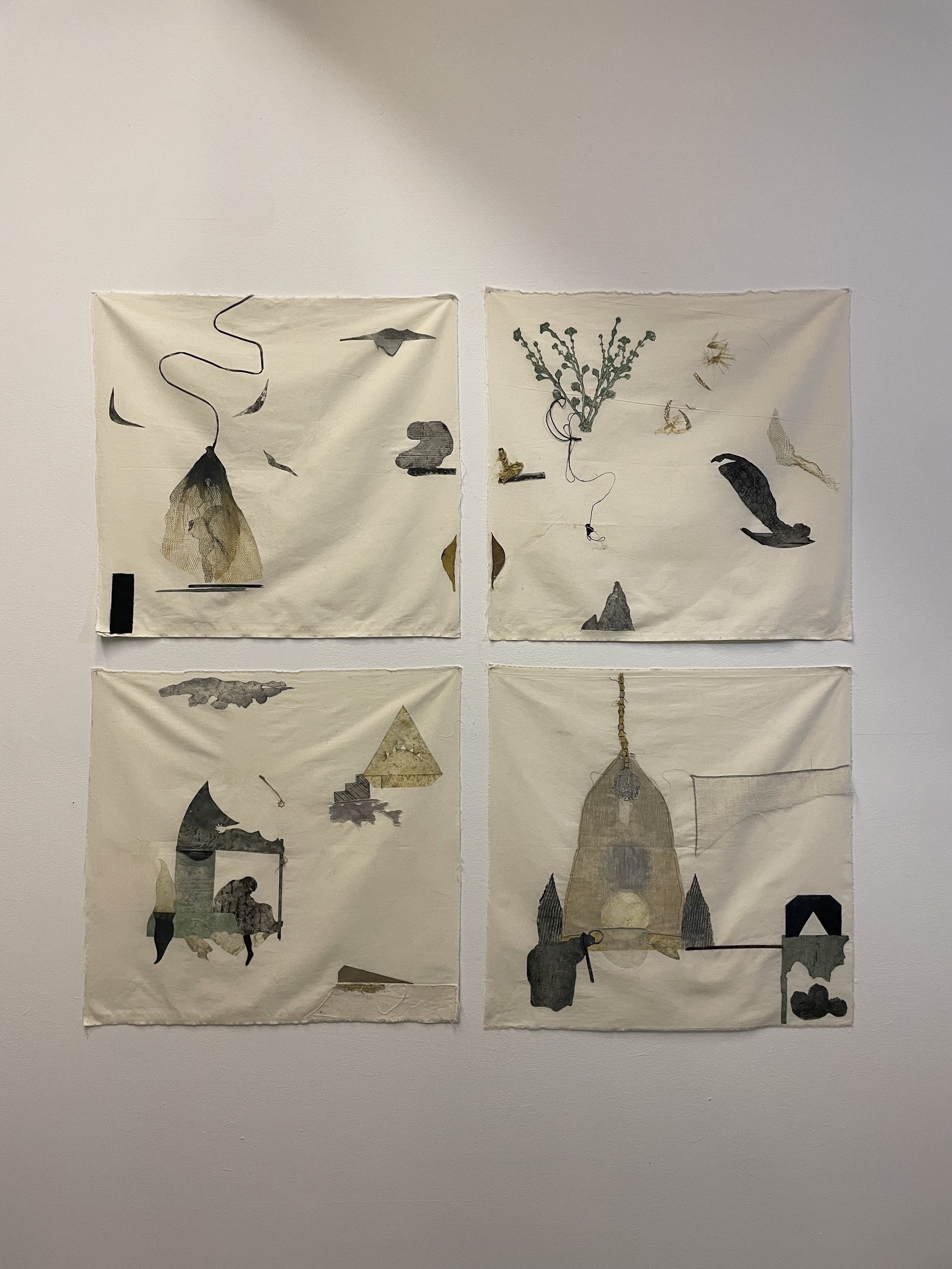   Fanny Allié   Gravity  (4 Panels) 2019 ink, collages, and mixed-media on fabric 24in x 24in, each panel 