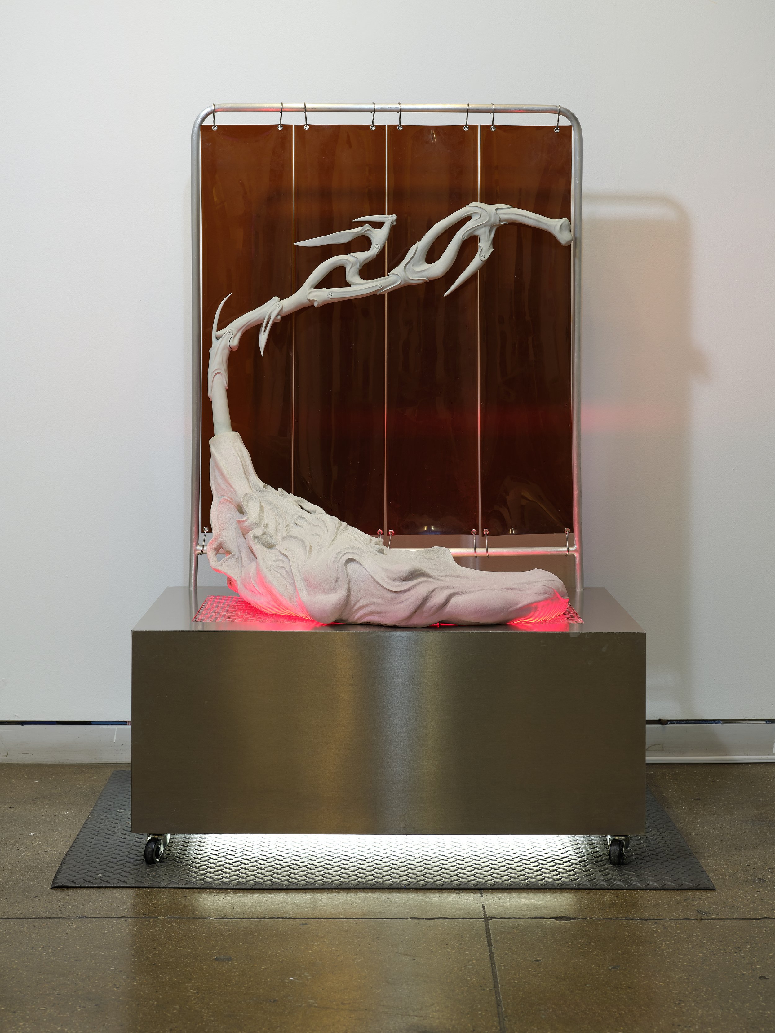 Stephen Lau, Grade A (for display only) , 2025, Epoxy clay, aluminum, plywood, LED lights, acrylic sheet, rubber, spray paint, casters, 60 x 38 x 25 inches