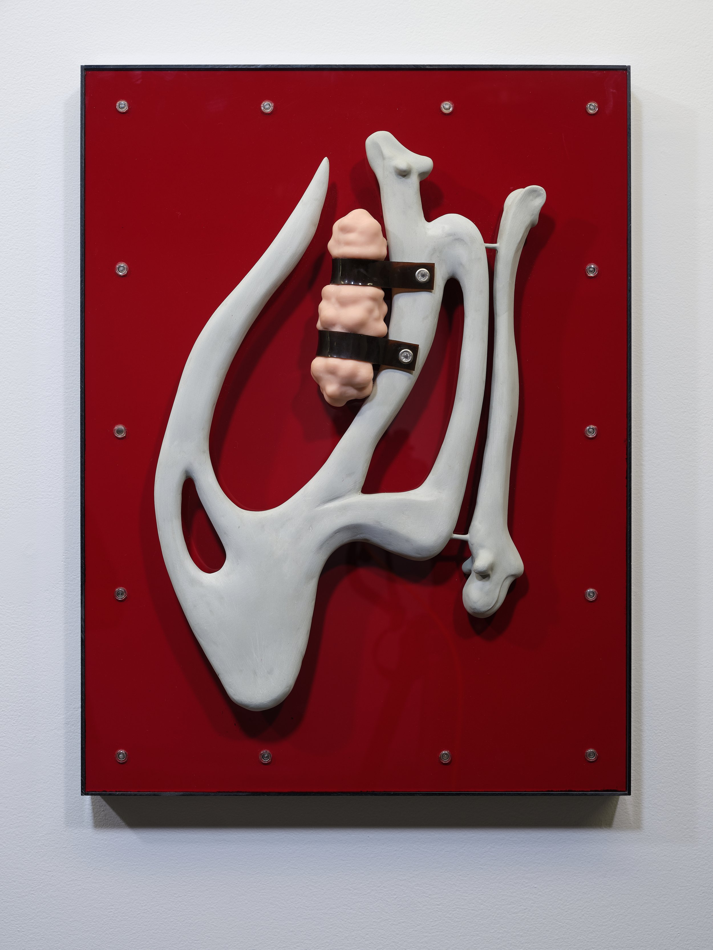 Stephen Lau, Meat-to-Bone Ratio , 2025, Epoxy clay, polymer clay, acrylic, rubber, armature, wire, grommets, acrylic hardware, 24 x 18 x 5 inches