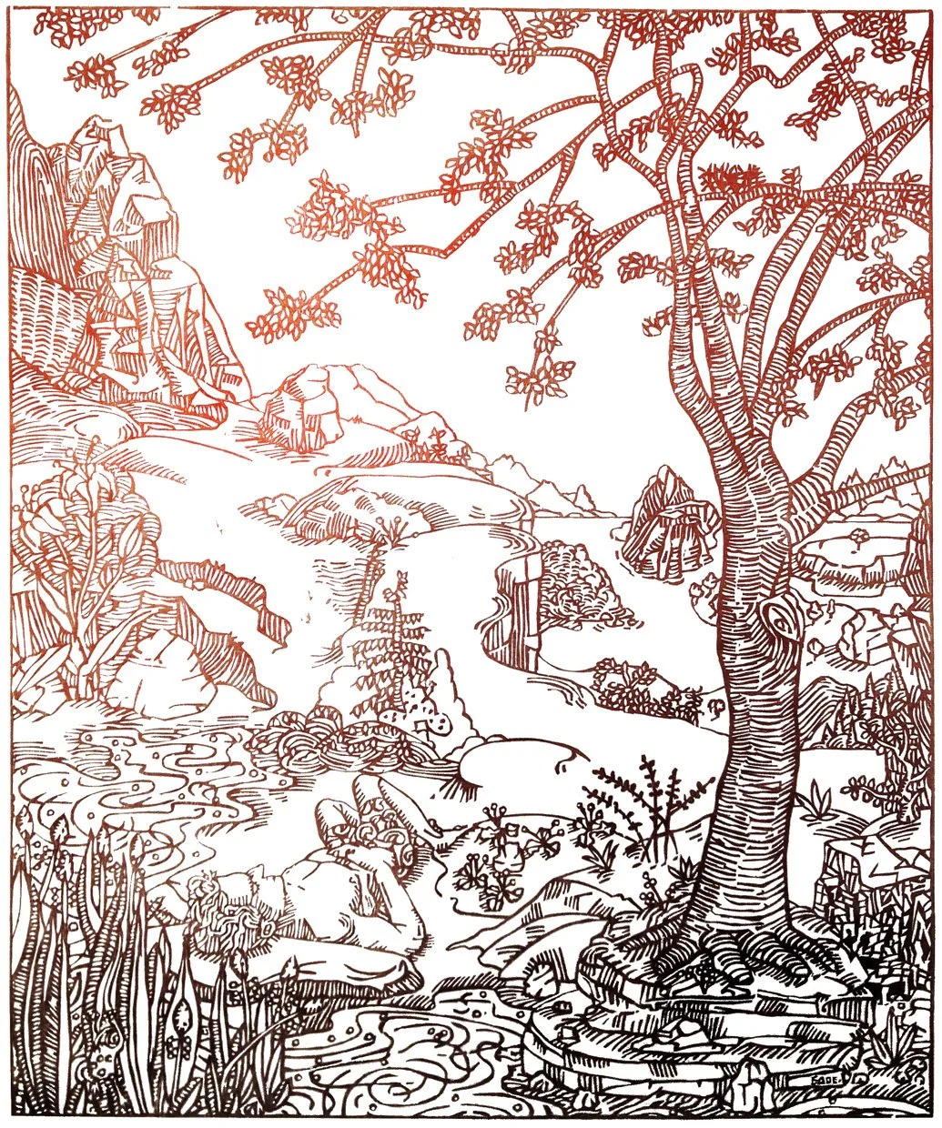 Michael Eade, Dream Garden, Woodcut with a blend roll printed on handmade Japanese Misu paper. Block: 20 x 24 inches, Edition of 10, Block created in 2005, Edition printed in 2014 by Justin Sanz at RBPMW