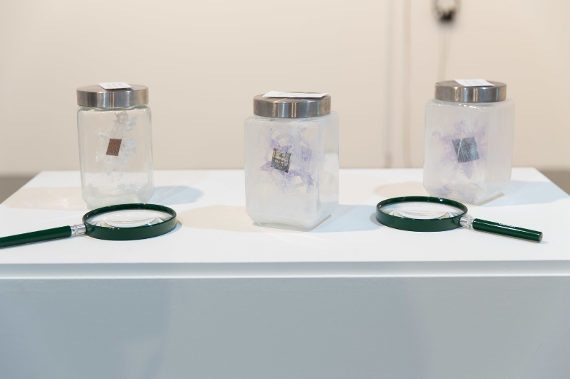  Audra Lambert,   Ephemeral Constructs,  2014. Three sugar glass, cast snowflake models embedded with miniature prints; magnifying glasses. 