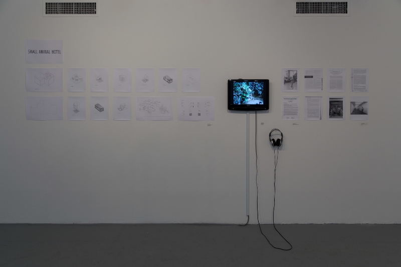   Antony Hudek  (with  Sara de Bondt  and  Apsara Flury ),  Small Animal Hotel &amp; Gallery , 2014. Installation with drawings, informational articles, brochures, and video. 