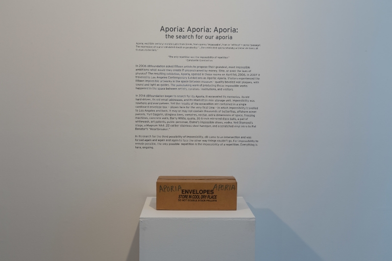   Greta Byrum &amp; Annabel Daou,   Aporia: Aporia: Aporia: The Search for Our Aporia , 2014. Box of artifacts from 2006  Aporia  show with wall text and audio. 