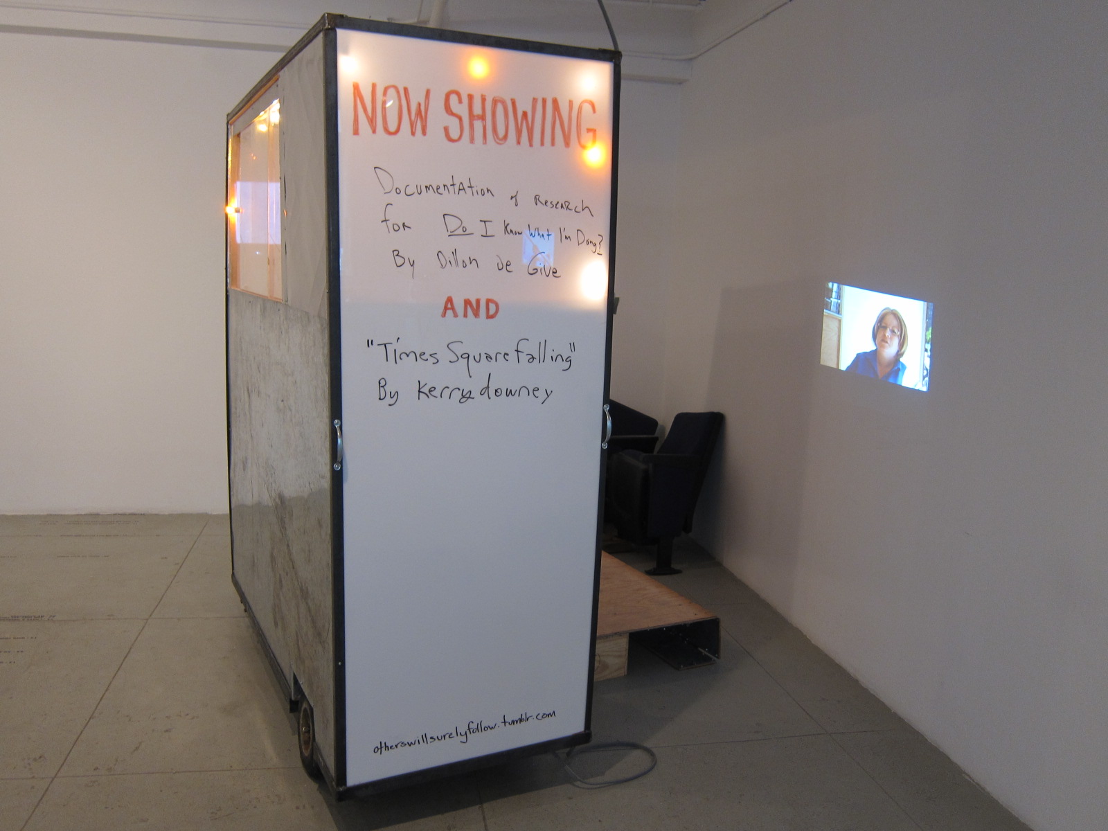   Danyel Ferrari &amp; Rachel Higgins,   others will surely follow , 2014. Multimedia cart with video projection and seating. 