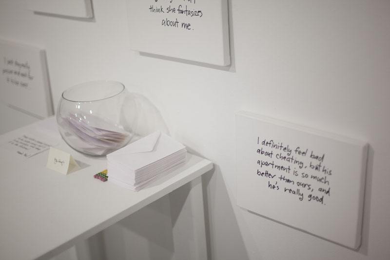   Paul Clay,   "My Secret" , 2012-13. Canvases with fishbowl and note cards. 