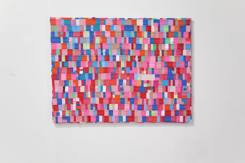   Beatrice Wolert,   Unfastened #1 (For a Pink Wall) , 2013. Bra hook and eye extenders on stretched fabric. 
