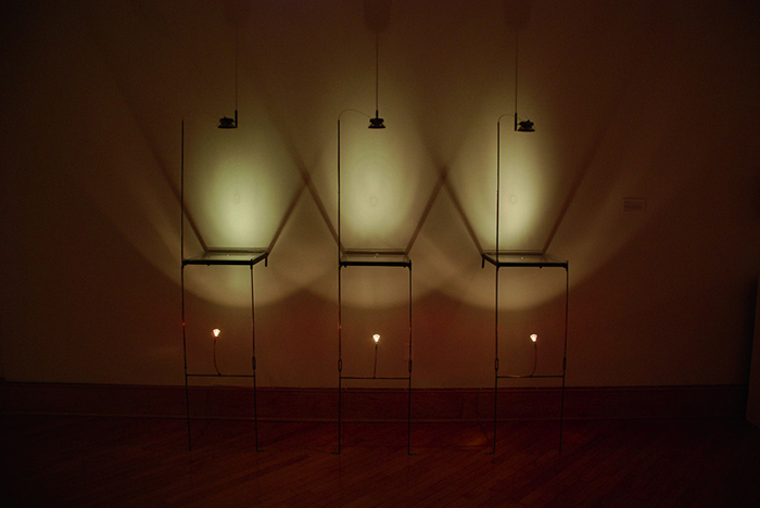 Takafumi Ide, Reverbate , 2008. 12V halogen light, 3-channel interval sound, CD Players, custom electronics, metal, plexi, subwoofer speakers, water, wire, 78 x 100 x 20 Inches