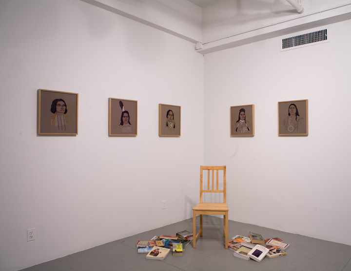   Emily Prince,   It Won’t Last Forever, &nbsp;2007/2009. Books, wooden chair, 5 embroideries. 