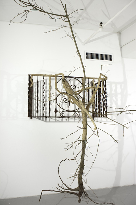   David Brooks,   Balcony with Landscape , 2010. Steel, oak from regional countryside, sisal rope, hardware, 4 x 4 1/2 x 9 1/2 ft. 