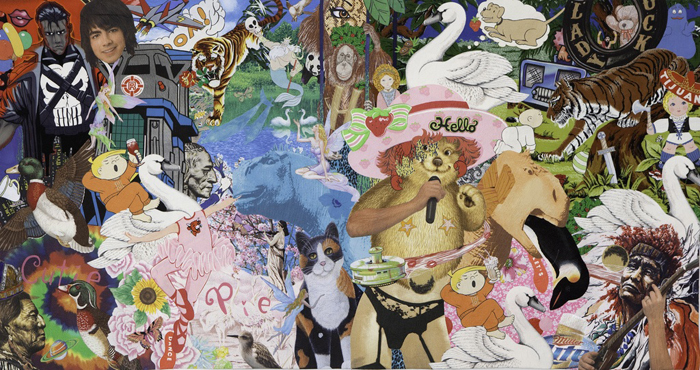   Ai Kijima,   Hello,  2010. Bed sheets, pillow cases, blankets, dresses, and aprons, 53 x 100 inches. Courtesy of Franklin Parrasch Gallery, New York, NY. 