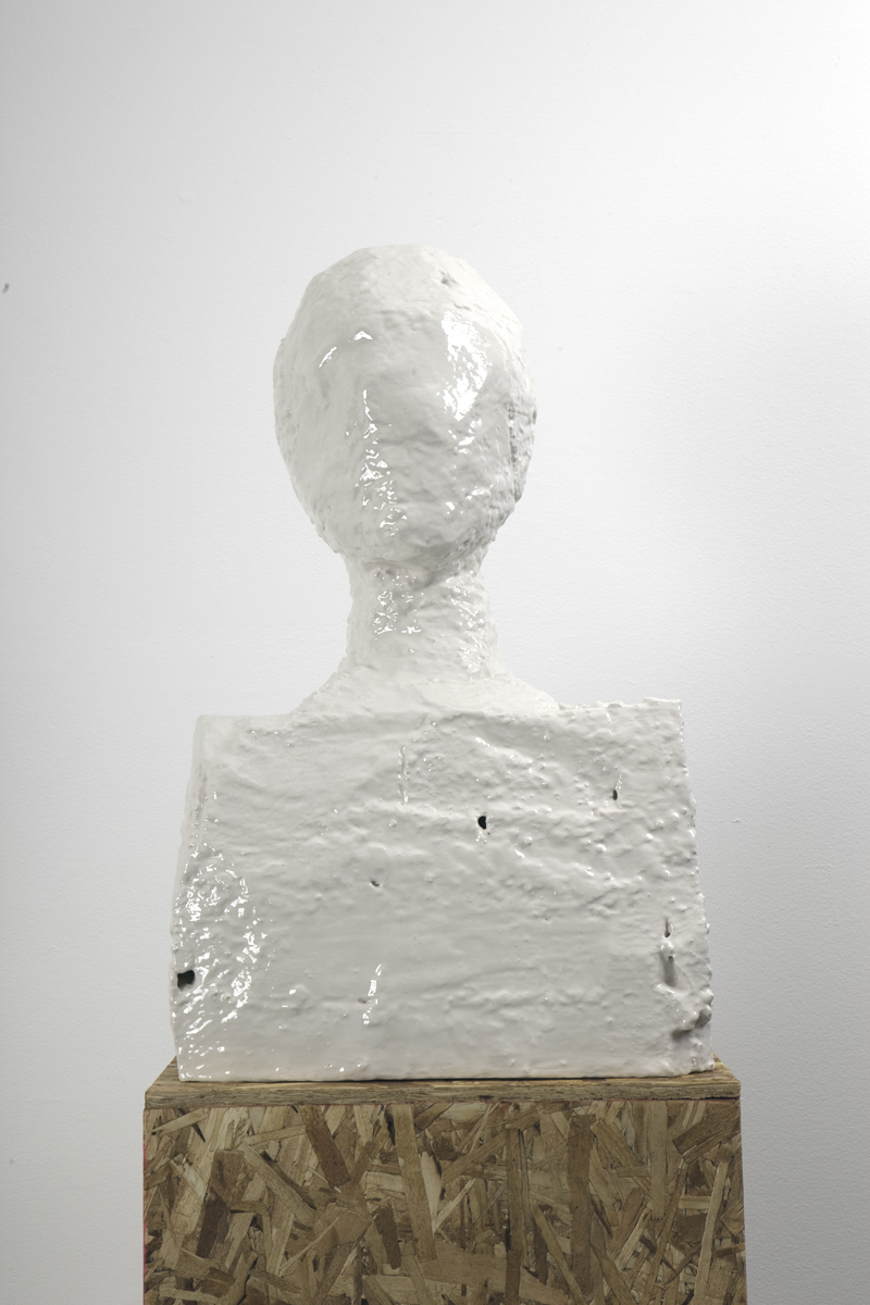   Carolyn Salas,   Bust,  2010. Polystyrene, osb board, aqua resin and cast fiber glass, 68 x 20 x14 inches. Courtesy of Carolyn Salas, New York, NY. 
