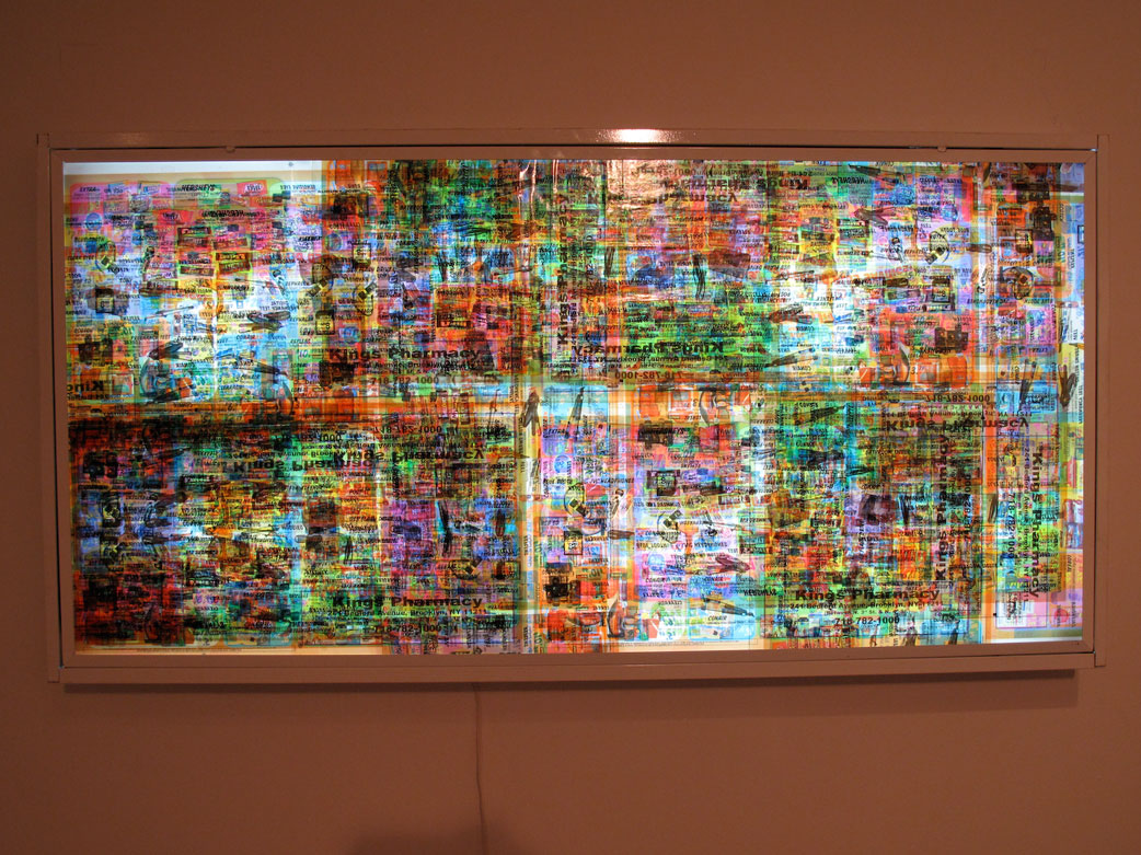   Catharine Ahearn,   Saved,  2010. Linseed oil on cut found coupons, light-box, 24 x 48 x 5 inches. Courtesy of the artist. 