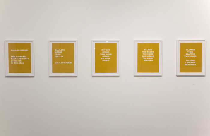   Jennifer Schmidt,   Dialogue for Two,  2011. 5 screen-printed posters of a poem written by the artist in response to “Dialogue for Two” by Augusto de Campos, 22 ¼ x 17 ½ inches each. 