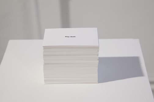   Tim Etchells,   Ways Out (100 Instructions),  2011-13. 500 white cards with print, 4 x 3 inches each. 